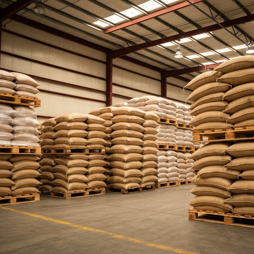 Warehouse with stacked bulk kava sacks